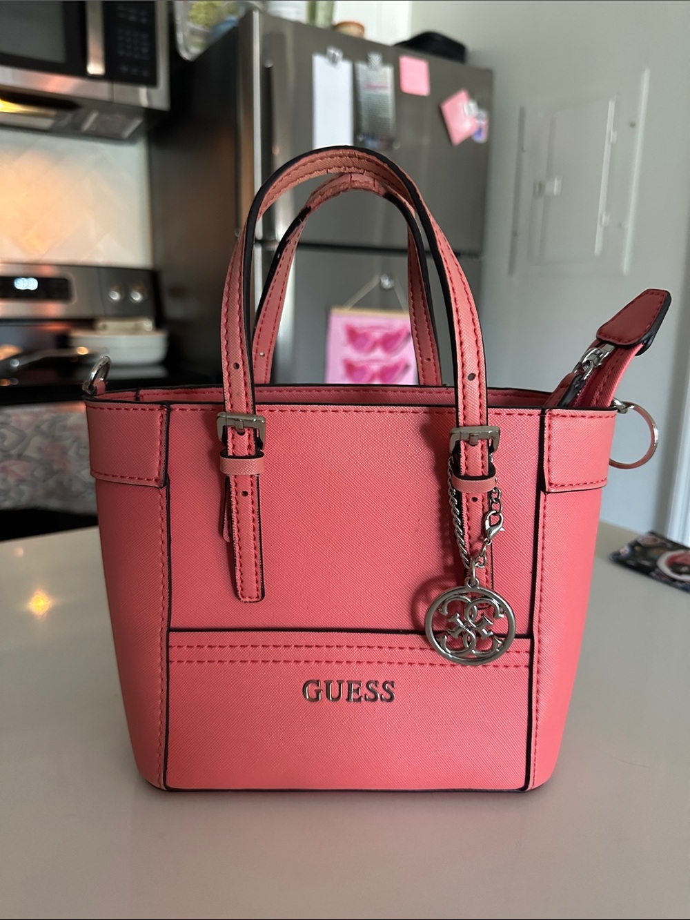 GUESS Coral-Pink Mini Tote Bag with Top Handles